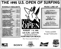 Band schedule for The 1995 U.S. Open of Surfing, tags: Latimer, 1000 Mona Lisas, Water, The Nixons, Nature, Wailing Souls, Huntington Beach, California, United States, Gig Poster, Huntington Beach Pier - Latimer / 1000 Mona Lisas / Water / The Nixons / Nature / Wailing Souls on Aug 4, 1995 [205-small]