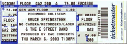 tags: Bruce Springsteen & The E Street Band, Ticket - Bruce Springsteen & The E Street Band / Bruce Hornsby / Robbin Thompson on Mar 6, 2003 [987-small]