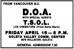 tags: D.O.A., T.S.O.L., Los Cremators, Goleta, California, United States, Advertisement, Goleta Valley Community Center - D.O.A. / T.S.O.L. / Los Cremators on Apr 16, 1982 [434-small]