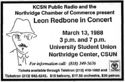 Leon Redbone @ CSUN's Northridge Room - 3.13.88, tags: Leon Redbone, Los Angeles, California, United States, Advertisement, Gig Poster, Northridge Center, California State University Northridge - Leon Redbone on Mar 13, 1988 [070-small]