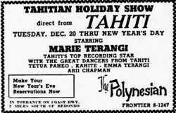 Marie Terangi headlines @ The Polynesian - 12.20.60 to 1.1.61, tags: Marie Terangi, Emma Terangi, Torrance, California, United States, Advertisement, The Polynesian - Marie Terangi / Emma Terangi / The Polynesians on Dec 20, 1960 [934-small]