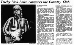 Review: Nick Lowe & His Noise To Go / James Harman Band @ Reseda Country Club - 3.11.82, tags: James Harman Band, Nick Lowe & His Noise To Go, Los Angeles, California, United States, Article, Reseda Country Club - James Harman Band / Nick Lowe & His Noise To Go on Mar 11, 1982 [356-small]