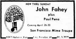 John Fahey / Paul Pena @ Ash Grove - 4.21.72 to 4.23.72, tags: John Fahey, Paul Pena, Los Angeles, California, United States, Advertisement, Ash Grove - John Fahey / Paul Pena on Apr 21, 1972 [141-small]