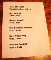 Line-up posted by Chain Reaction, tags: Me vs. Myself, William Control, New Years Day, She Screams Remedy, Girl On Fire, Anaheim, California, United States, Group Meetup, Setlist - William Control / New Years Day / She Screams Remedy / Me vs. Myself / Girl On Fire on Jun 18, 2010 [568-small]