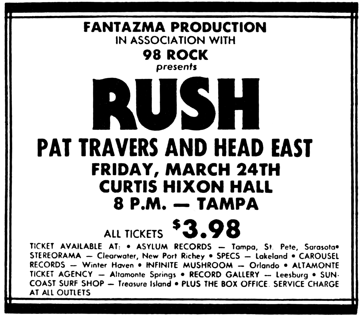 Mar 24, 1978 Rush / Pat Travers / Head East at Curtis Hixon Hall Tampa