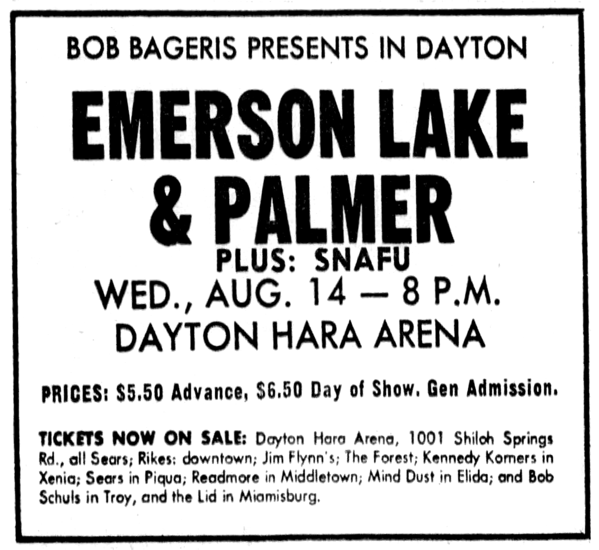 Aug 14, 1974 Emerson Lake and Palmer / Snafu at Hara Arena Trotwood
