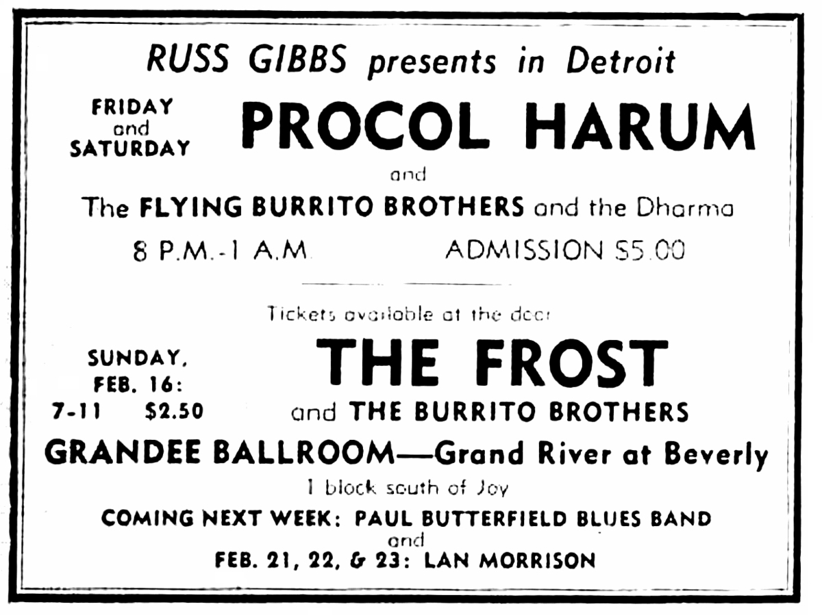 Feb 14, 1969 Procol Harum / Flying Burrito Brothers / Dharma at Grande Ballroom Detroit