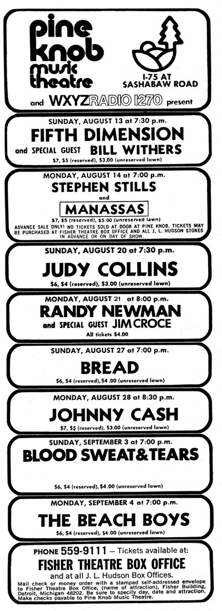 1972 Concert History of Pine Knob - Large The Michigan Daily Ann Arbor Michigan 1972 08 09 