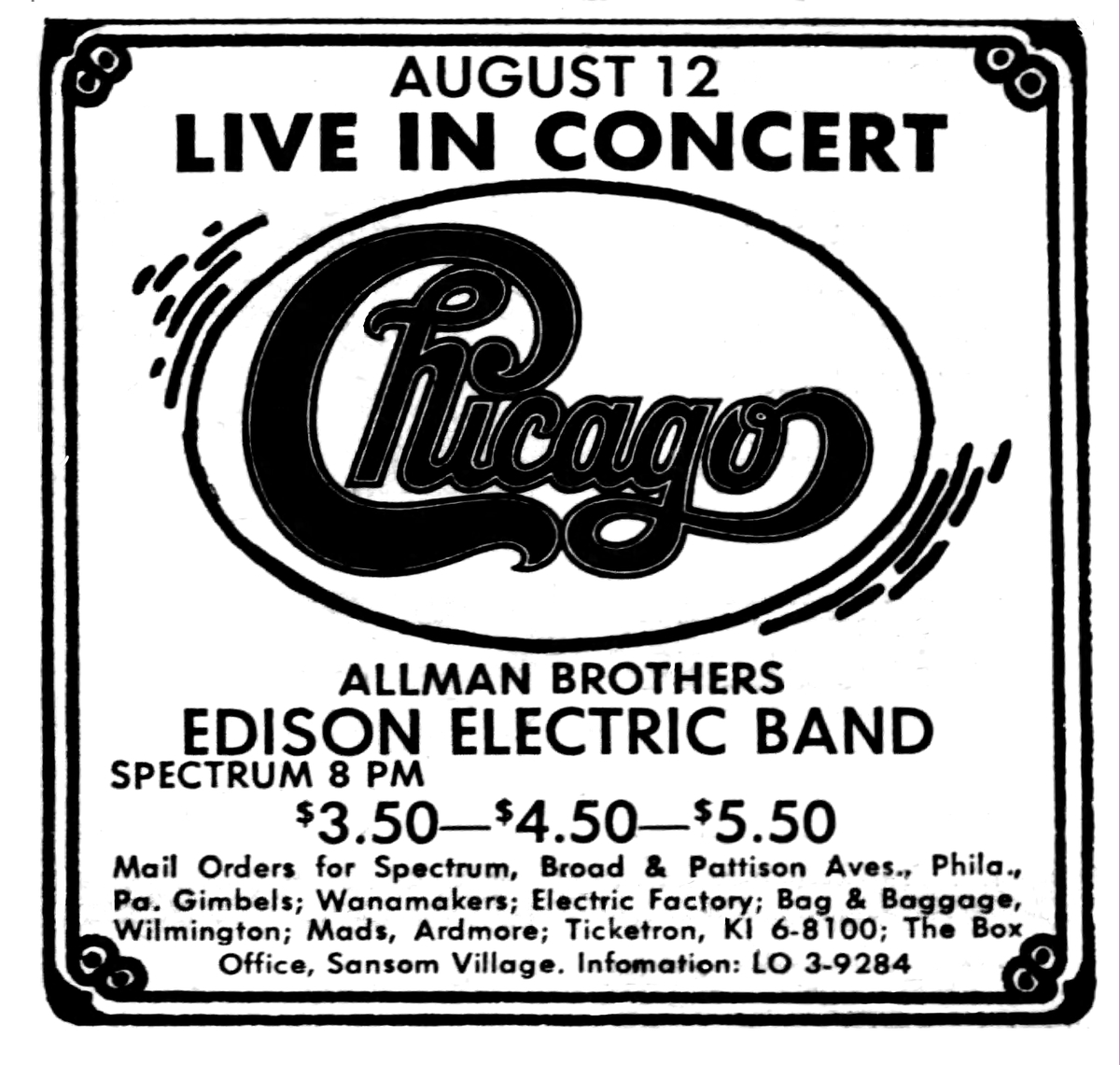 Aug 12, 1970 Chicago / Allman Brothers Band / Edison Electric Band at