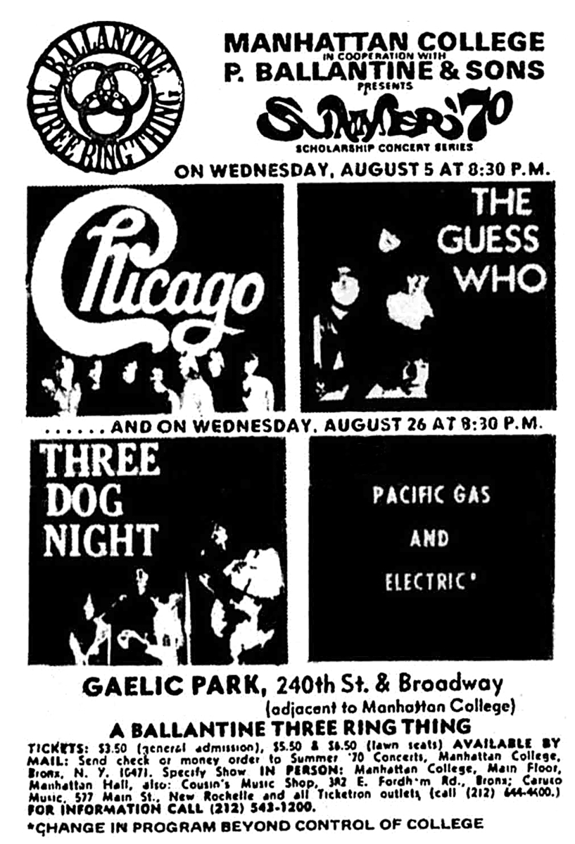 Aug 26, 1970 Three Dog Night / Pacific Gas & Electric at Gaelic Park