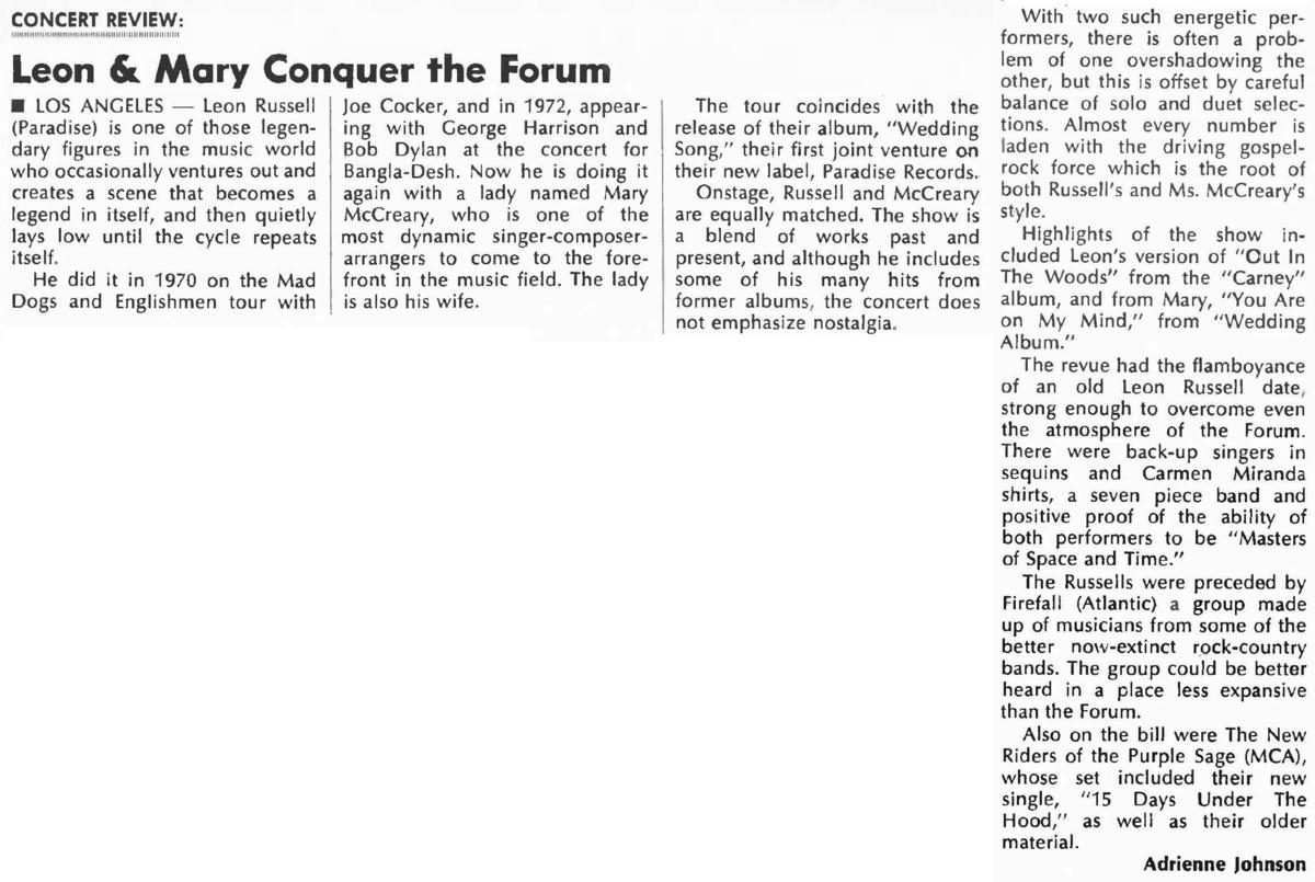 Jun 06, 1976: Leon Russell / Mary McCreary / Firefall / New Riders of