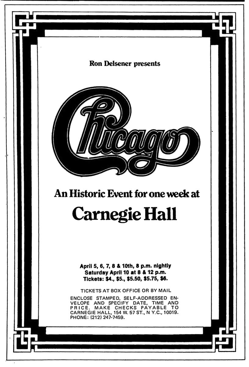Apr 05, 1971: Chicago at Carnegie Hall New York, New York, United