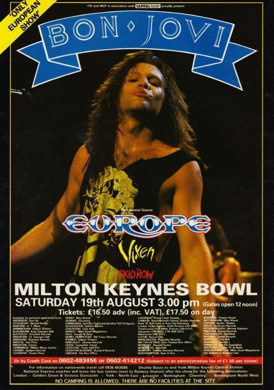 Bon Jovi 1989年Milton Keynesライブチケット半券 Aug 19, 1989: Bon Jovi / Europe / Vixen / Skid Row at Milton
