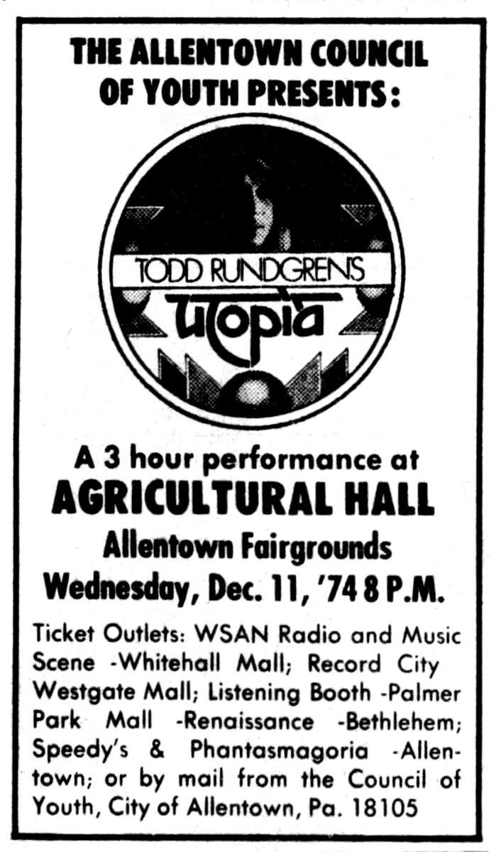 Dec 11, 1974 Todd Rundgren / Utopia at Agricultural Hall, Allentown