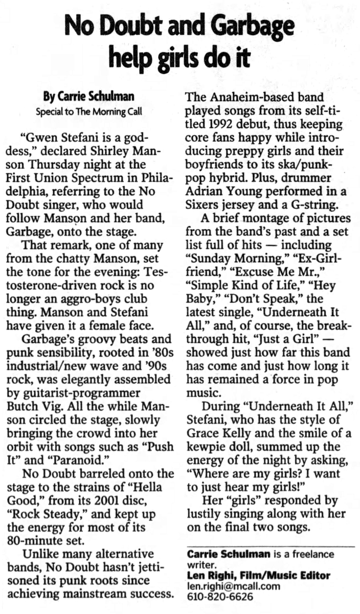 Oct 17 02 No Doubt Garbage The Distillers At The Spectrum Philadelphia Pennsylvania United States Concert Archives