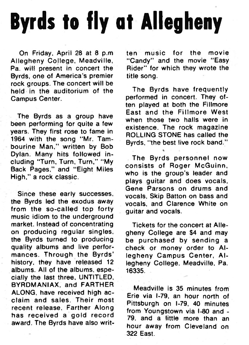 Apr 28, 1972 The Byrds at Allegheny College Meadville, Pennsylvania, United States Concert