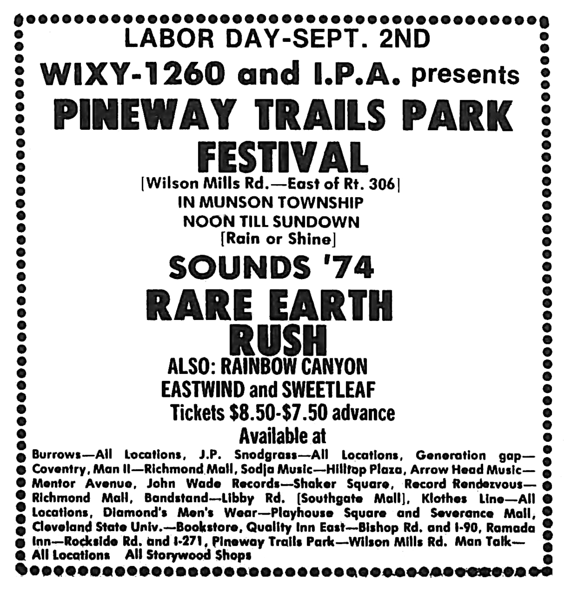Concert History of Pineway Trails ParkMunson Township Cleveland, Ohio