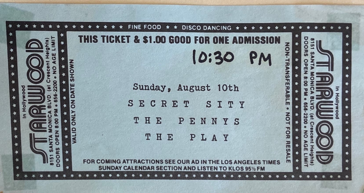 Aug 10, 1980: The Pennys / Secret Sity / The Playbook at Starwood Los