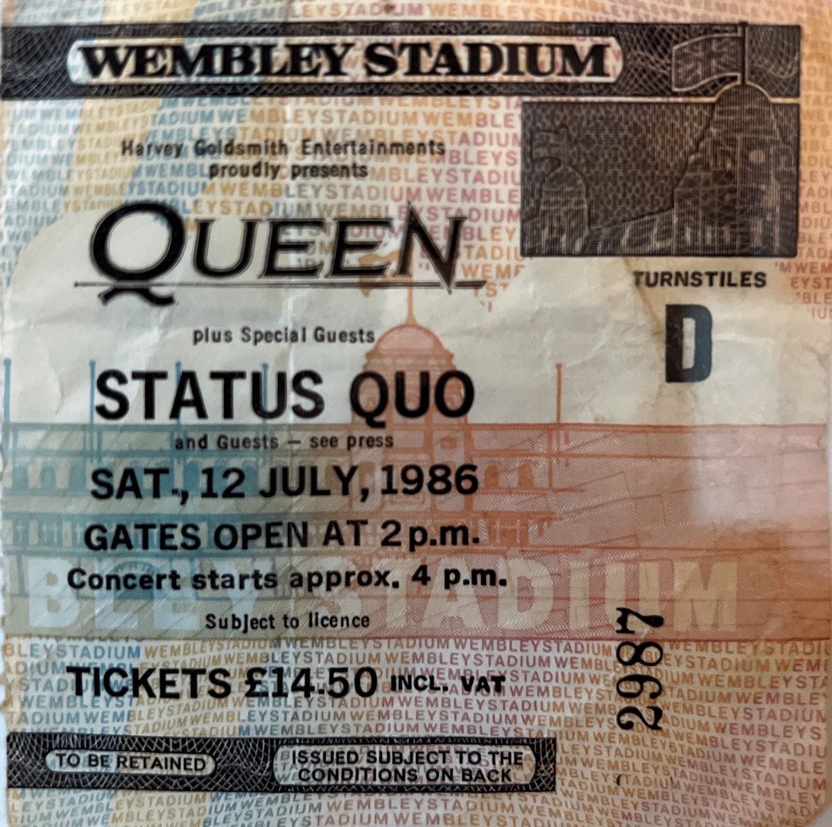 Jul 12, 1986 Queen / INXS / Status Quo / The Alarm at Wembley Stadium