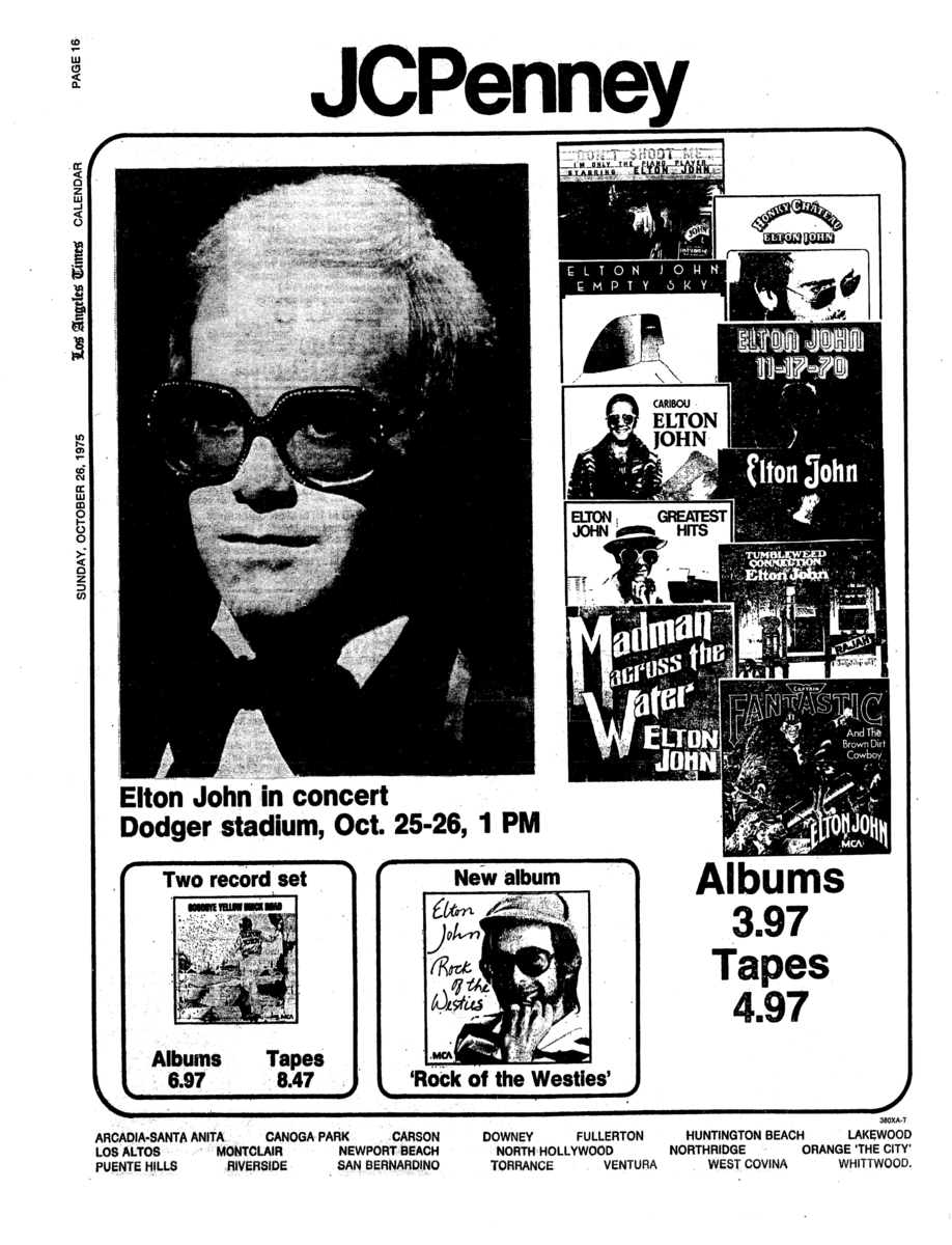 Oct 26, 1975 Elton John at Dodger Stadium Los Angeles, California, United States Concert Archives
