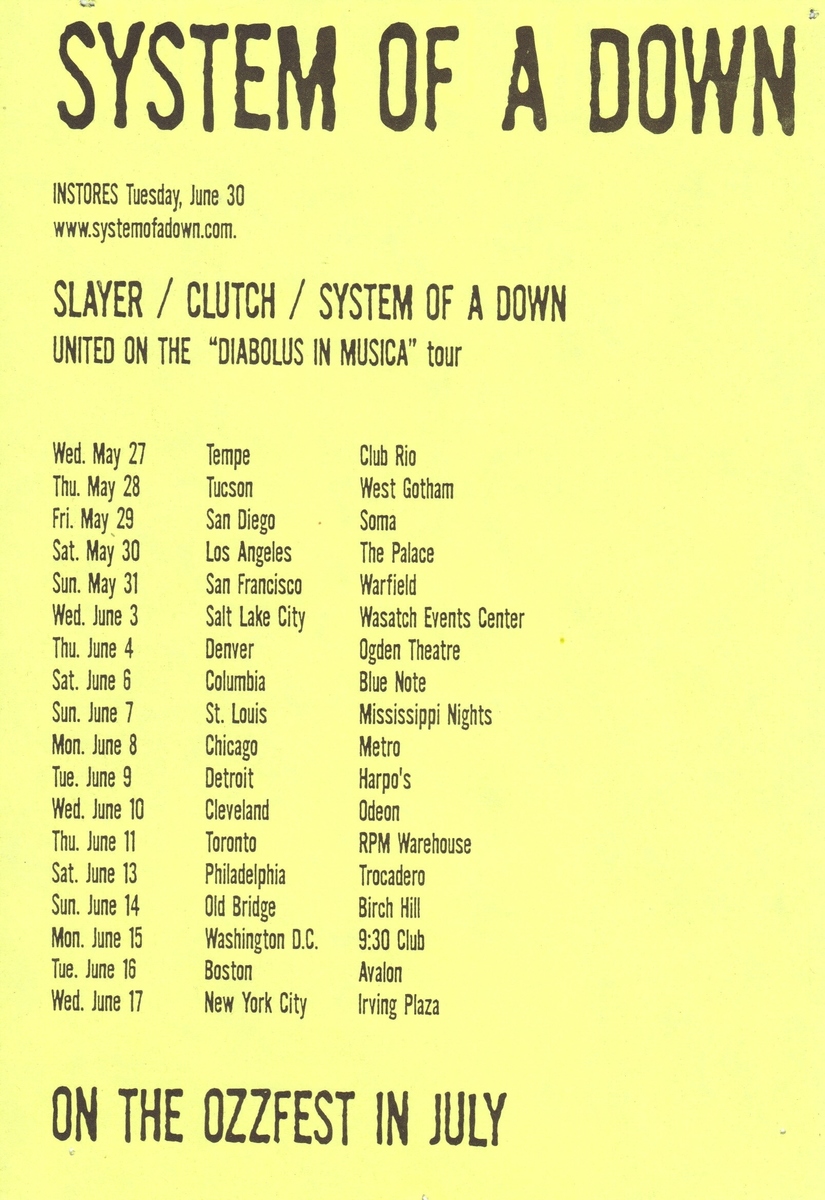 Jun 06 1998 Clutch Slayer System of a Down at The Blue Note