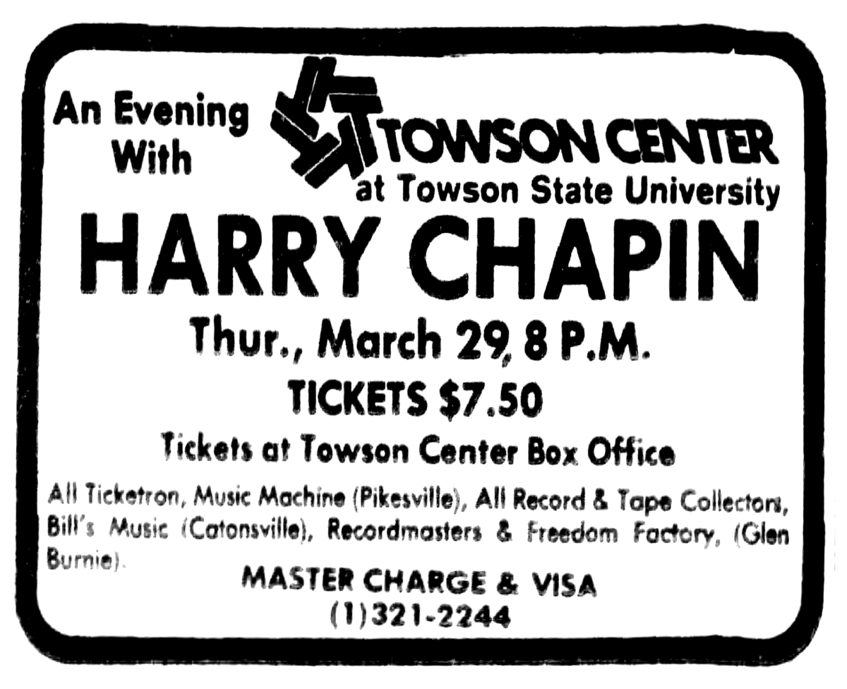 Mar 29, 1979 Harry Chapin at Towson Center, Towson University Towson