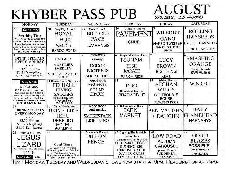 Concert History of The Khyber Pass Pub Philadelphia, Pennsylvania