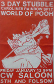 1989 Covered Wagon Saloon flyer by Brandon Kearney, tags: Three Day Stubble, Caroliner Rainbow, World of Pooh, Gig Poster, CW Saloon - Three Day Stubble / Caroliner Rainbow / World of Pooh on Jan 13, 1989 [478-small]