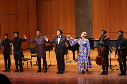 Performers in Damien Sneed's 'Our Song, Our Story' tour at Wellin Hall (2023), tags: Amyr Joyner, Justus Ross, Damien Sneed, Justin Austin, Janinah Burnett, Boubacar Diallo, Edward W. Hardy, Griot String Quartet, Utica, New York, United States, Crowd - Our Song, Our Story – the New Generation of Black Voices on Jan 21, 2023 [885-small]