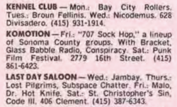 Sunday Paper Pink Section Datebook Listing for that week's gigs at Kennel Club, Komotion, Last Day Saloon, tags: The Conspiracy, bracket, Glass Babble Radio, Advertisement, Klub Komotion - The Conspiracy / bracket / Glass Babble Radio on Aug 20, 1993 [947-small]