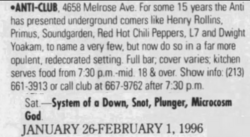 System of a Down / Snot / Plunger / G.O.D. / Microcosmic on Jan 27, 1996 [265-small]