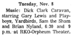 Gary Lewis & The Playboys / Sam The Sham & The Pharaohs / The Yardbirds / Bryan Hyland / Bobby Hebb on Nov 8, 1966 [670-small]