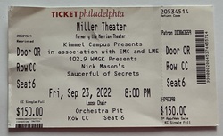 Ticket stub, tags: Ticket - Nick Mason's Saucerful of secrets on Sep 23, 2022 [885-small]