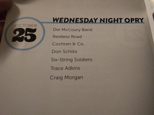 Opry program line-up for 10-25-2023, tags: The Travelin' McCourys, Cochren & Co., Restless Road, Don Schlitz, Six String Soldiers, Trace Adkins, Craig Morgan, Nashville, Tennessee, United States, Merch, Grand Ole Opry - Grand Ole Opry on Oct 25, 2023 [124-small]