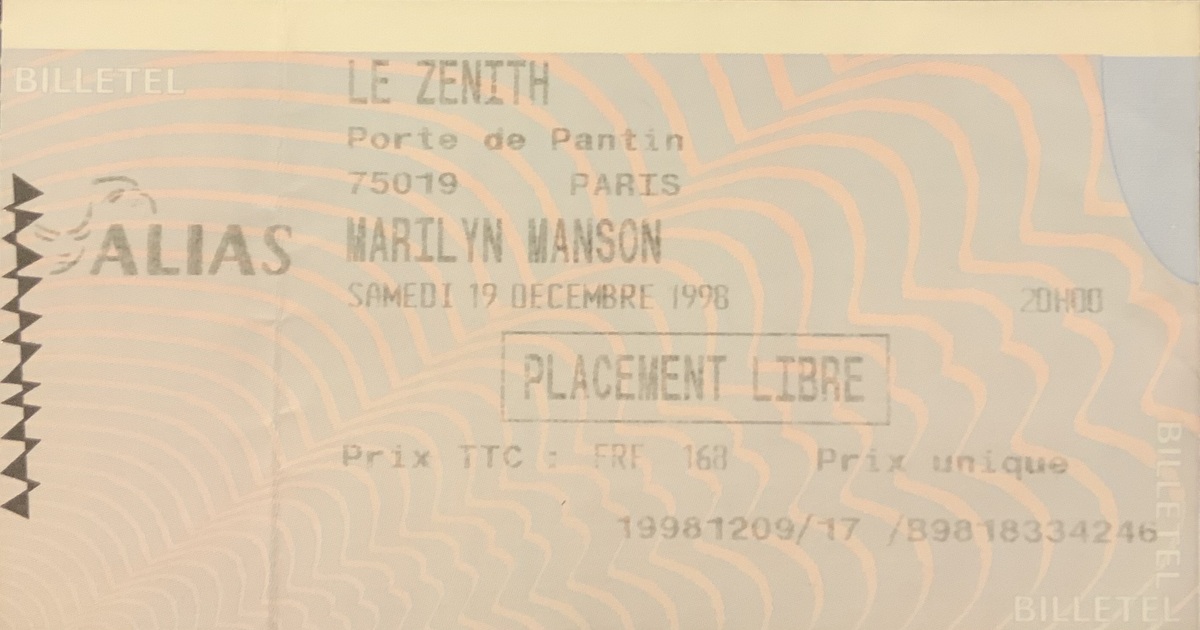 Dec 19, 1998 Marilyn Manson at Zénith Paris La Villette Paris, ÎledeFrance, France
