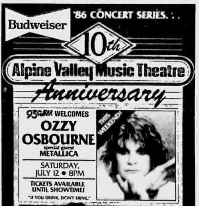 ozzy osbourne metallica tour 1986